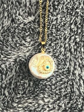 Gold Chain Pearl Pendant Necklace with Heart Evil Eye Accent - White